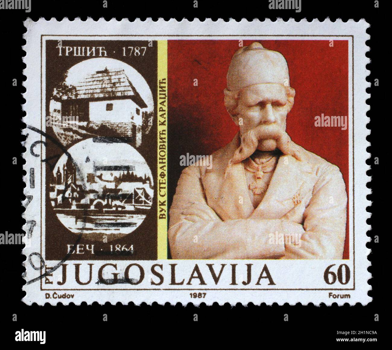 Die in Jugoslawien gedruckte Briefmarke zeigt den 200. Jahrestag der Geburt von Vuk Stefanovic Karadzic, dem wichtigsten Reformer der serbischen Sprache, um 1987. Stockfoto