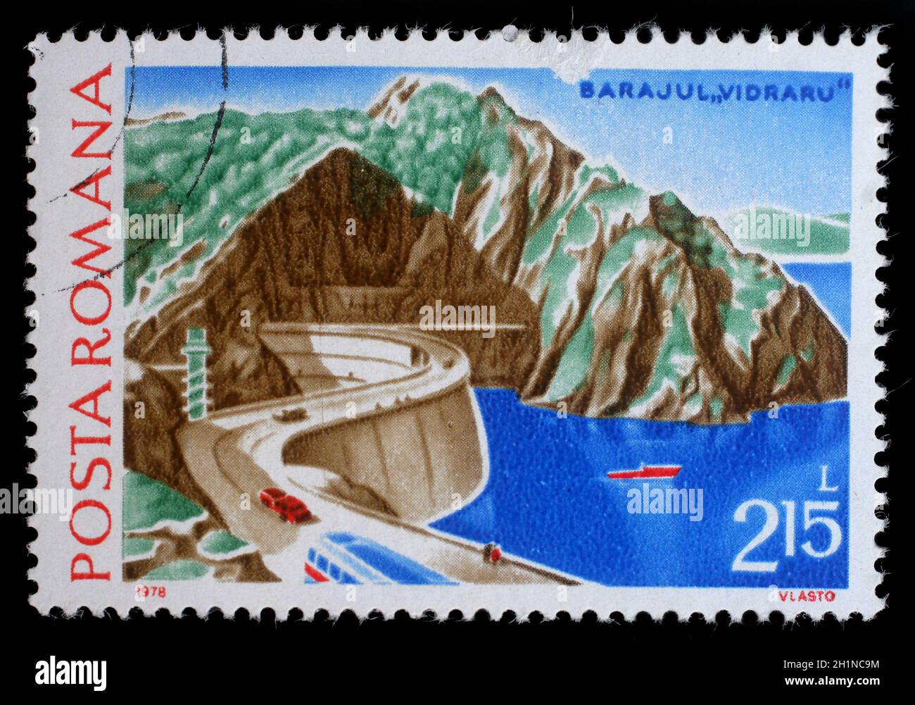 Briefmarke gedruckt in Rumänien zeigt Wasserbauarbeiten Stationen Dämme Vidraru, ca. 1978. Stockfoto