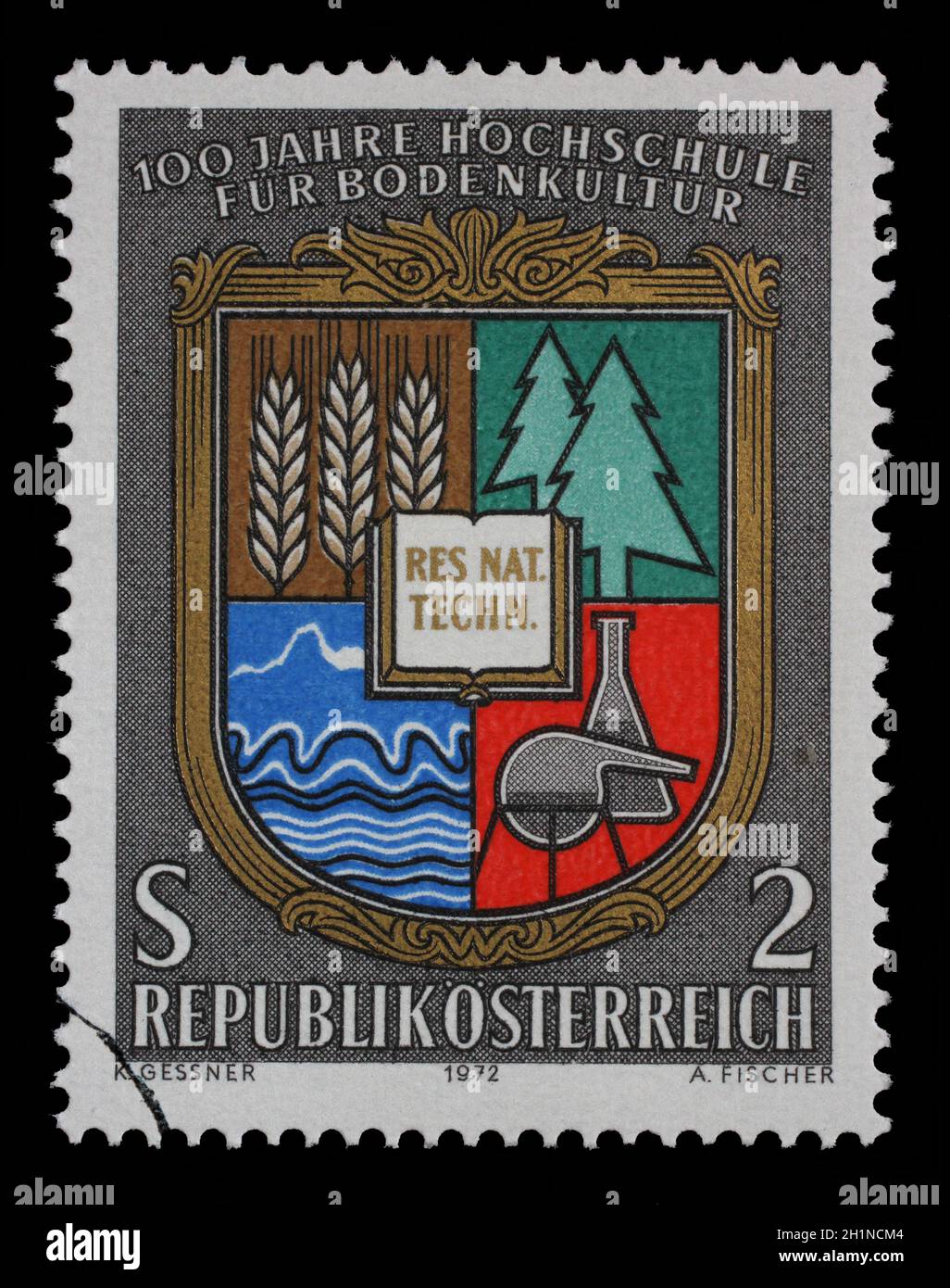 Für die Briefmarke Österreich zeigt das Wappen der Universität für Bodenkultur, das 100-jährige Jubiläum des Kollegiums der Agric Stockfoto