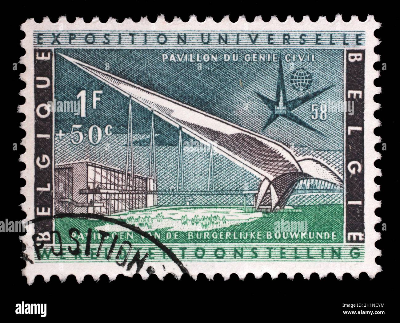 Hoch-und Tiefbau-Pavillon, ca. 1957 zeigt Stempel gedruckt in Belgien Stockfoto