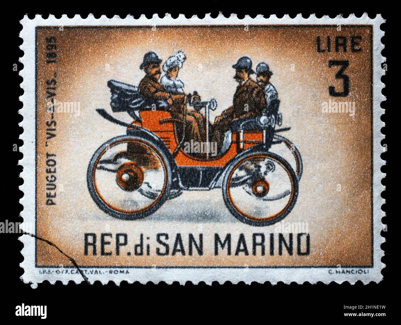 Stempel in San Marino ausgegebenen zeigt Peugeot "Vis-a-vis" (1895), klassische Automobile Serie, ca. 1962. Stockfoto