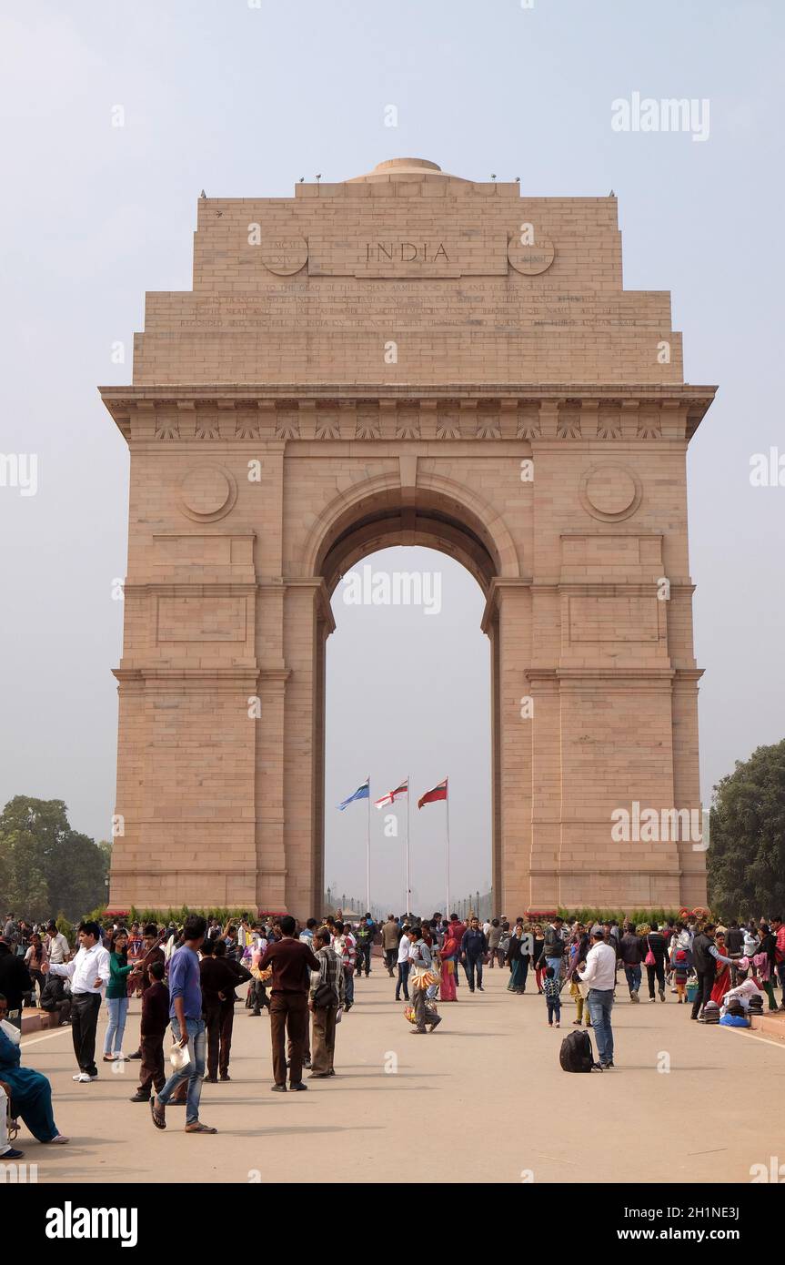 Das Indien-Tor, Delhi, Indien. Das Indien-Tor ist das nationale Denkmal von Indien. Stockfoto