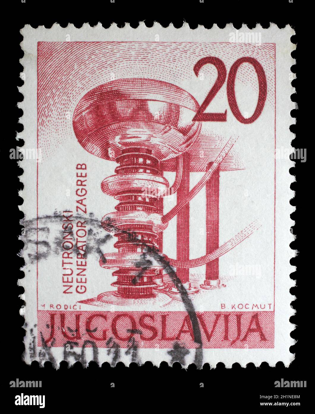 Stempel in Jugoslawien ausgestellte zeigt Neutronen Generator, er zuerst National Nuclear Energy Messe Serie, ca. 1960. Stockfoto