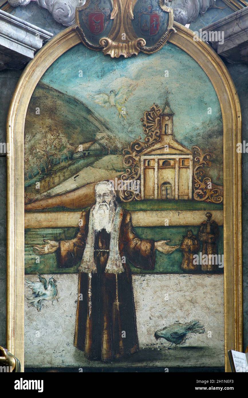 St. Leopold Mandic, das Altarbild des Hauptaltars in der Pfarrkirche St. Leopold Mandic in Oehovica, Kroatien Stockfoto