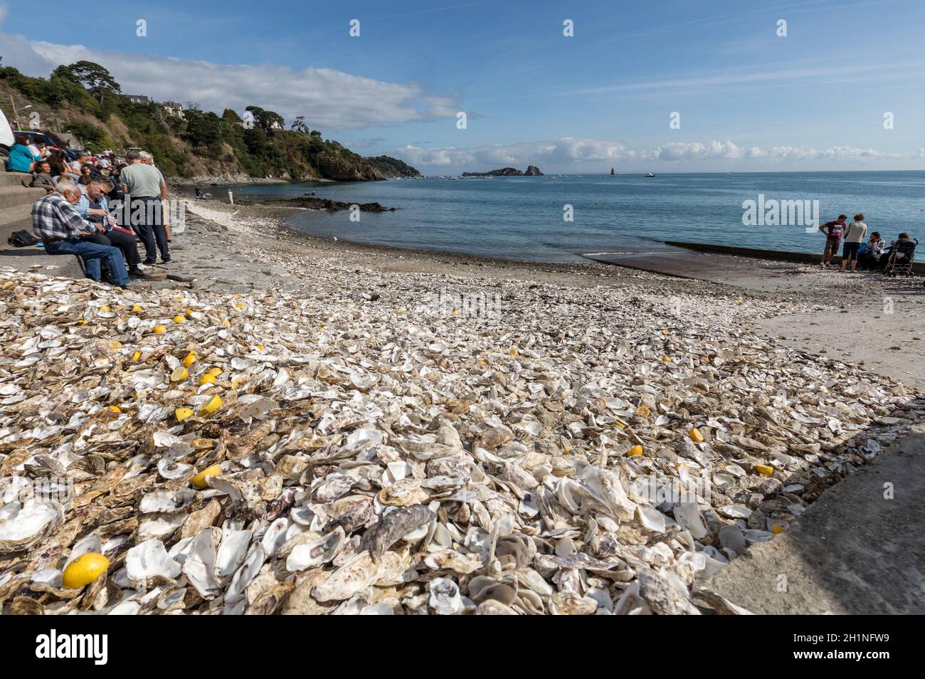 Cancale, Frankreich - 15. September 2018: Tausende von leeren Schalen von gegessen Austern auf Meeresboden in Cancale, berühmt für Auster Betriebe verworfen. Bretagne Stockfoto