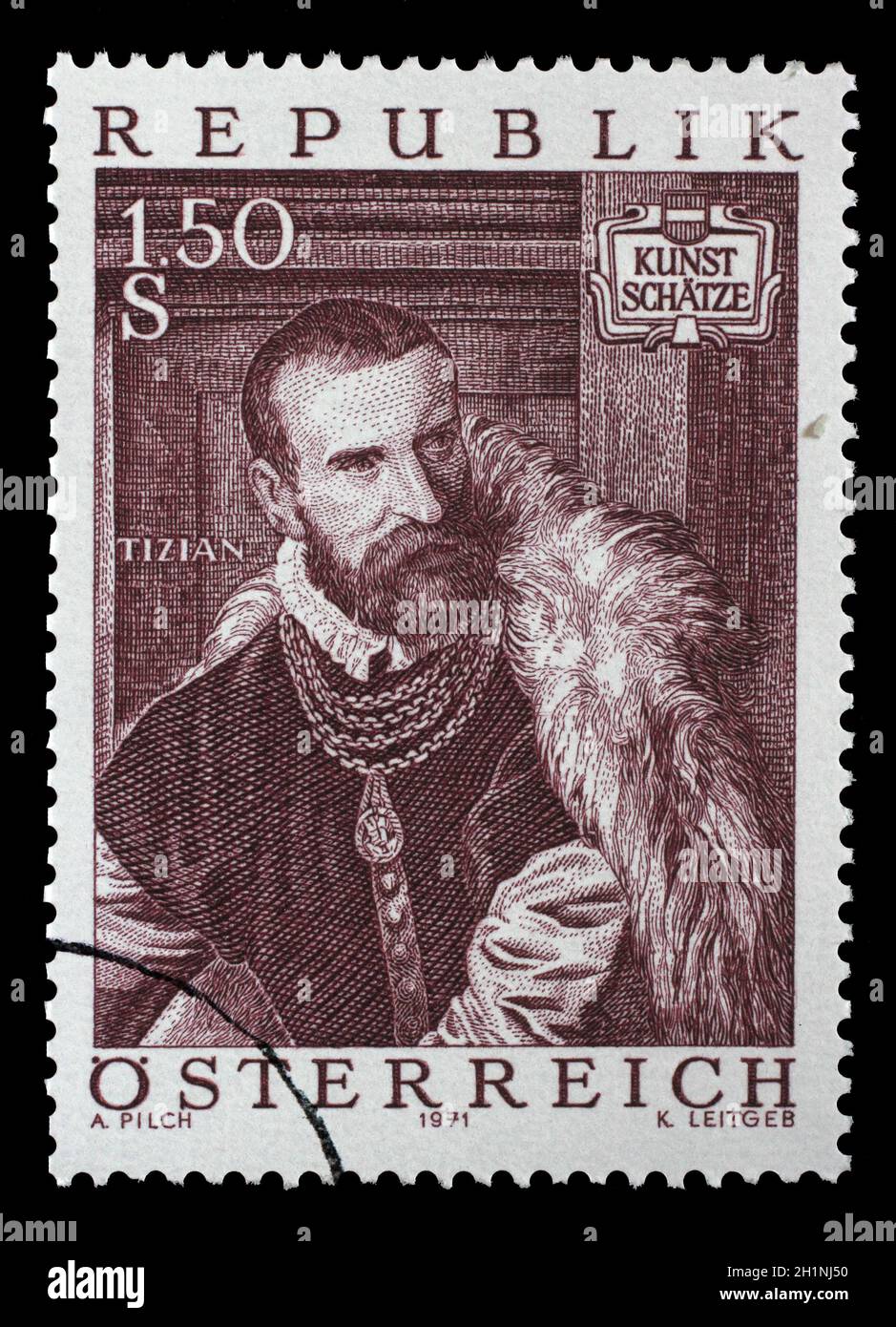 Für die Briefmarke Österreich zeigt Jacopo de Strada von Tizian (C. 1488-1576), Kunstschätze in Österreich, ca. 1971. Stockfoto