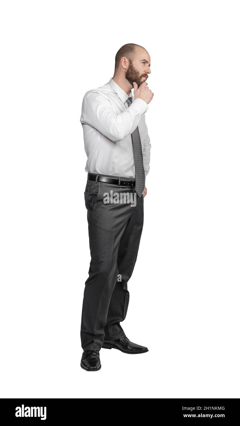 Geschäftsmann isoliert auf weiß mit nachdenklichen Ausdruck. Stockfoto