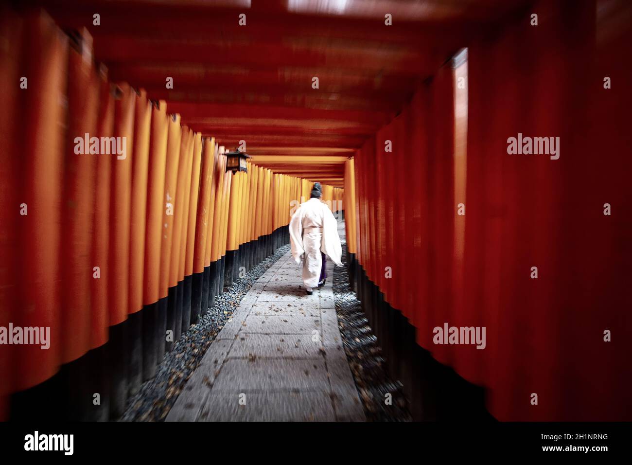 Der Priester in traditionellen japanischen Kimonos zu Fuß am Fushimi Inari Schrein in Kyoto, Japan Stockfoto