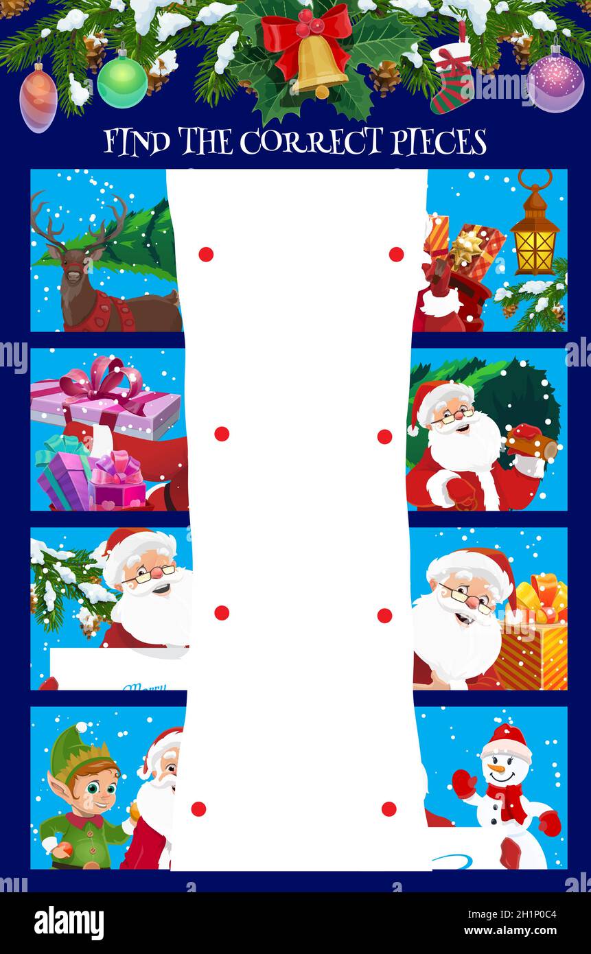 Kinder finden richtige Stücke Puzzle-Spiel mit Weihnachten Zeichen. Kids Urlaub spielen Aktivität, logisches Spiel. Weihnachtsbaum Ornamente und Geschenke, Stock Vektor