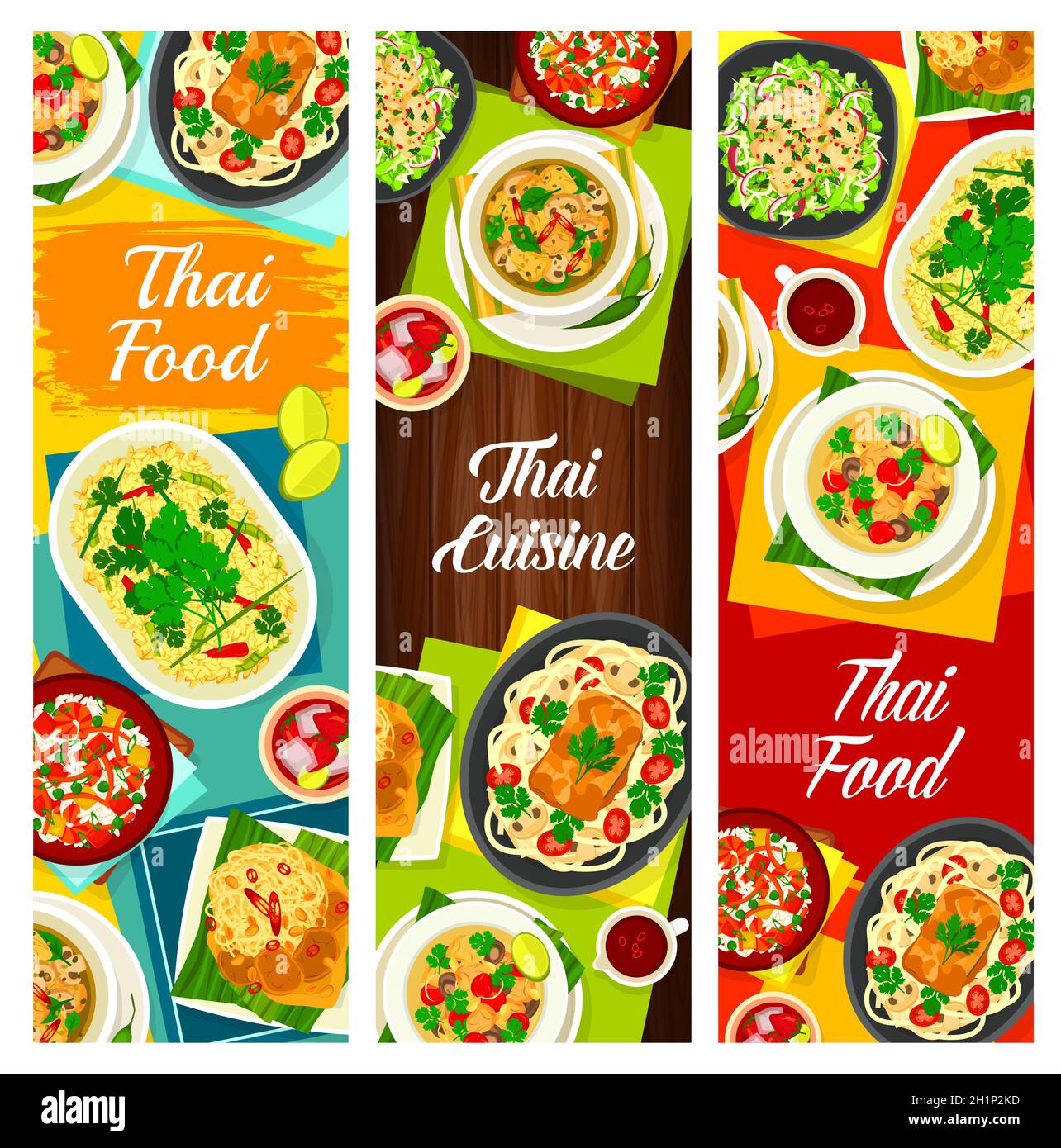 Thailändische Küche Vektor Pilzsuppe tom Klong hat ruam, Hühnersuppe tom Kha Gai und Zitronengras Tee. Fisch-Kokosnussfleisch, Nudeln mit Schweinefleisch-Satay und Erbse Stock Vektor