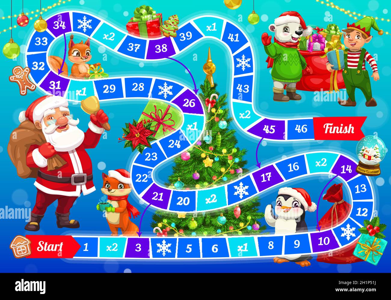 Kind Weihnachten Brettspiel mit Santa Claus und Tiere niedlichen Charakteren. Kinder Brettspiel, Kinder Winterferien spielen Aktivität Buchseite. Polar Be Stock Vektor