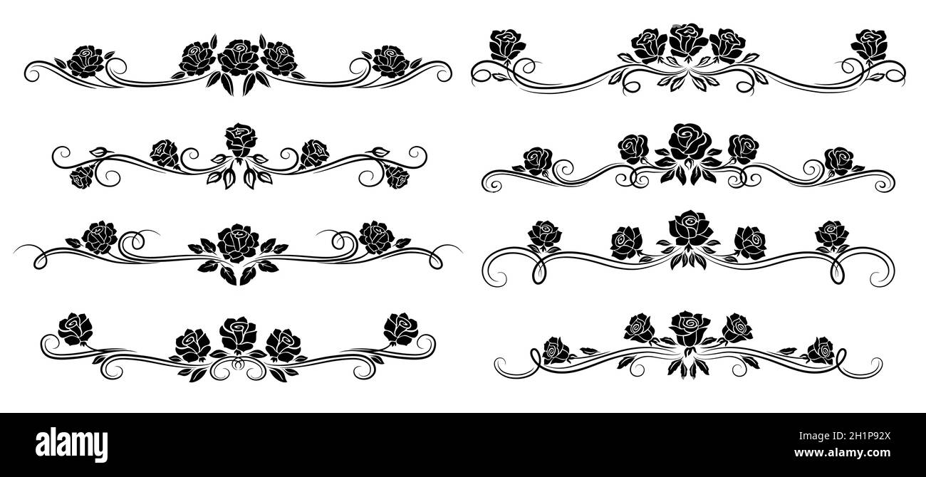 Schwarze Rosenblütenränder, Trennwände und Blumenwirbel. Monochrome Kopfzeilen, Vektor-Retro-Verzierungen, Vintage-Rosen mit Blütenknospen und Blättern. De Stock Vektor