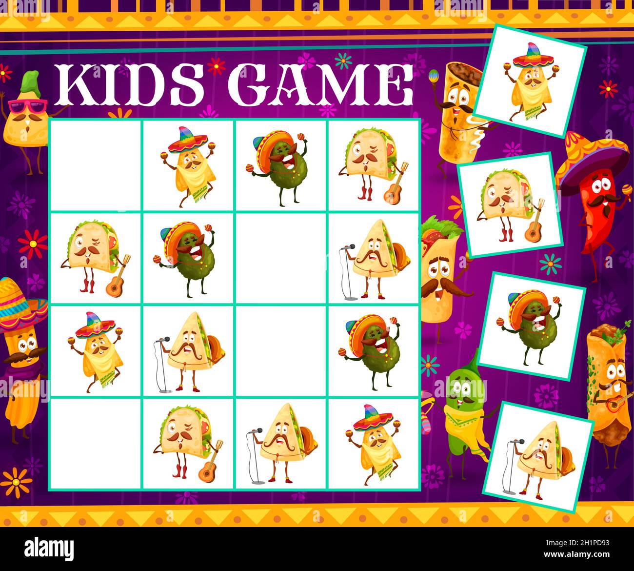 Sudoku Kinder Spiel Cartoon mexikanische Lebensmittel Musiker Charaktere. Vektor-Rätsel mit tex mex Mariachi-Sängern auf kariertem Brett. Pädagogische Brettspiel-Aufgabe, Stock Vektor