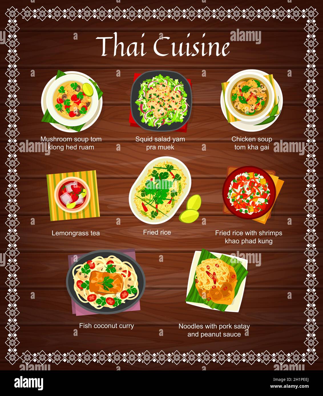 Thailändische Küche Vektor Tintenfisch Salat Yam pra Muek, Hühnersuppe tom Kha Gai und Zitronengras Tee. Gebratener Reis mit Garnelen khao phad Kung, Fisch-Kokosnusskuru, Stock Vektor