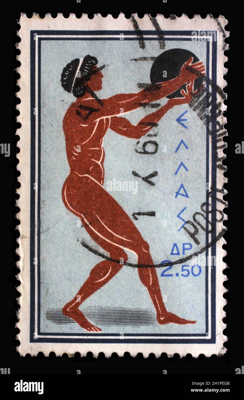 Die in Griechenland gedruckte Briefmarke aus der Ausgabe 'Olympische Spiele, Rom' zeigt Discus Throw, um 1960. Stockfoto