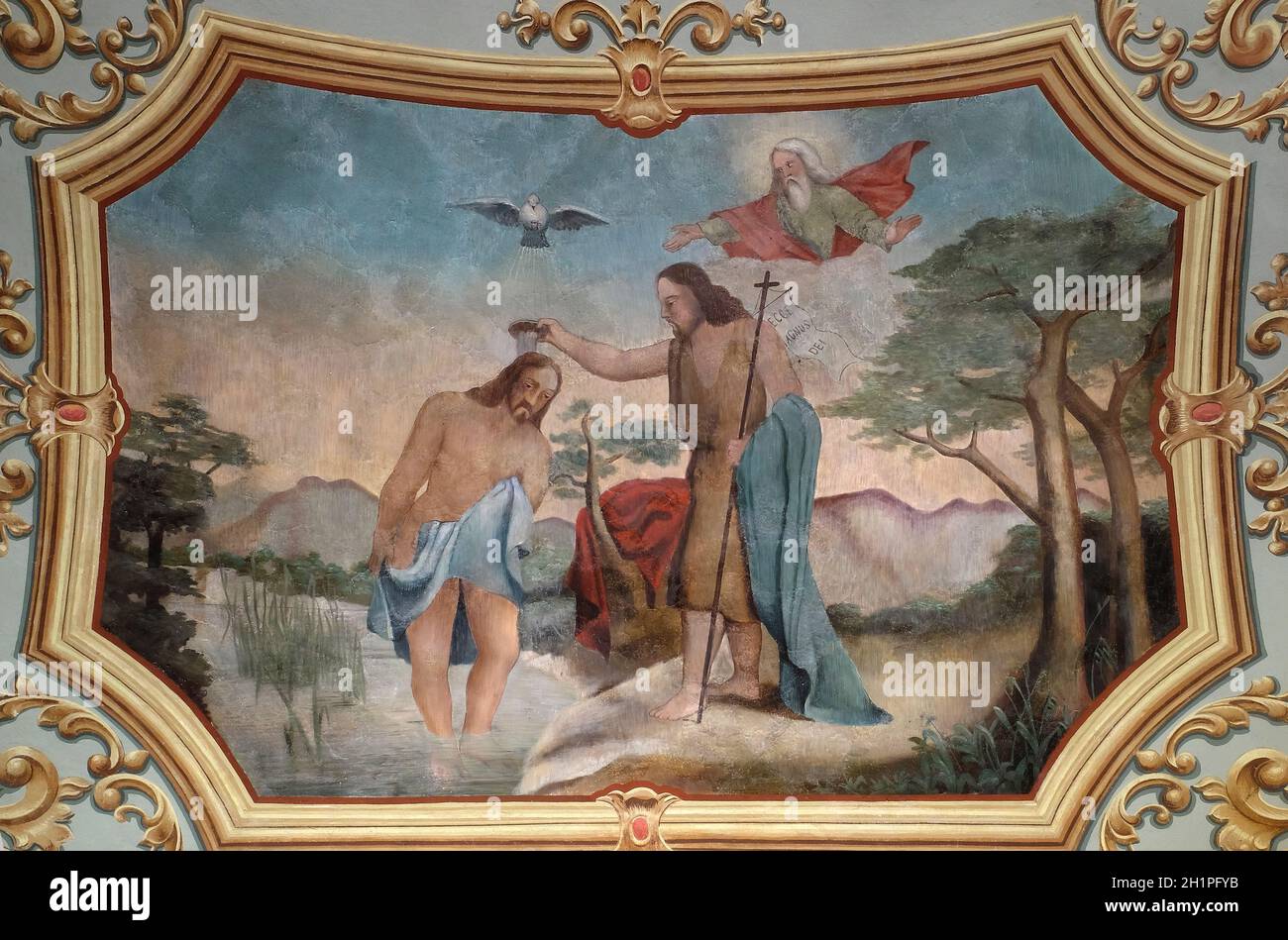 Taufe des Herrn, Fresko in der Kirche des hl. Matthäus in Stitar, Kroatien Stockfoto