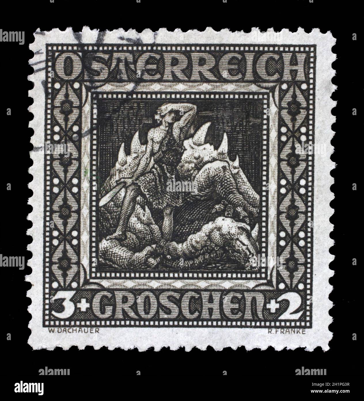 Der Briefmarkendruck in Österreich zeigt Siegried nach der Schlacht mit dem Wern, dem Ring der Nibelung, Richard-Wagner-Oper, um 1926 Stockfoto