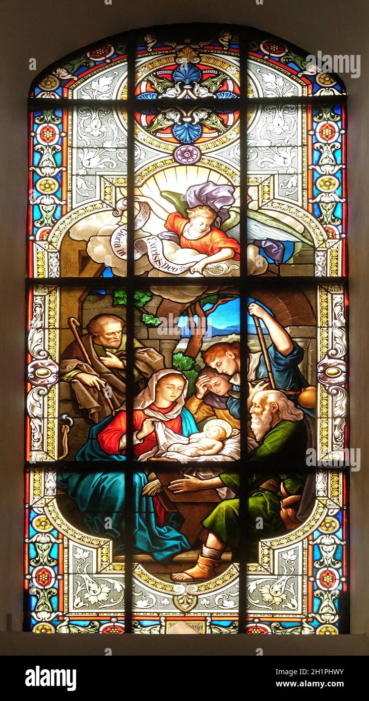 Krippe, Glasfenster in der Evangelischen Kirche St. Nikolaus, Aalen, Deutschland Stockfoto