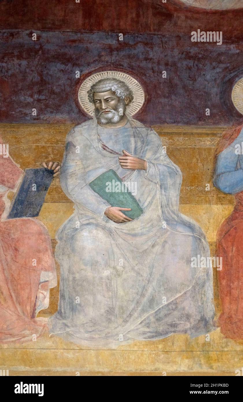 Der heilige Markus Evangelist, Detail der Triumph des hl. Thomas von Aquin, Fresko von Andrea di Buonaiuto, Spanischer Mantel in Santa Maria Novella Principal Domi Stockfoto