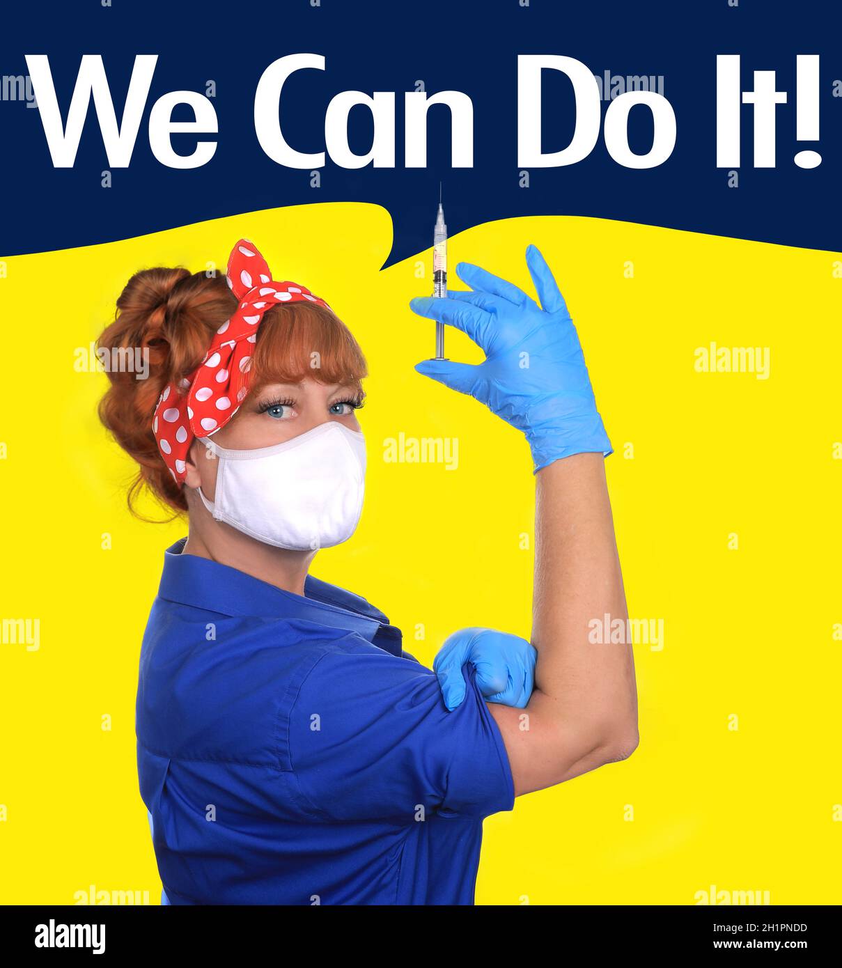 Ikonisches Bild einer Arbeiterin der Fabrik Aktualisiert für Covid 19 Ära Stockfoto