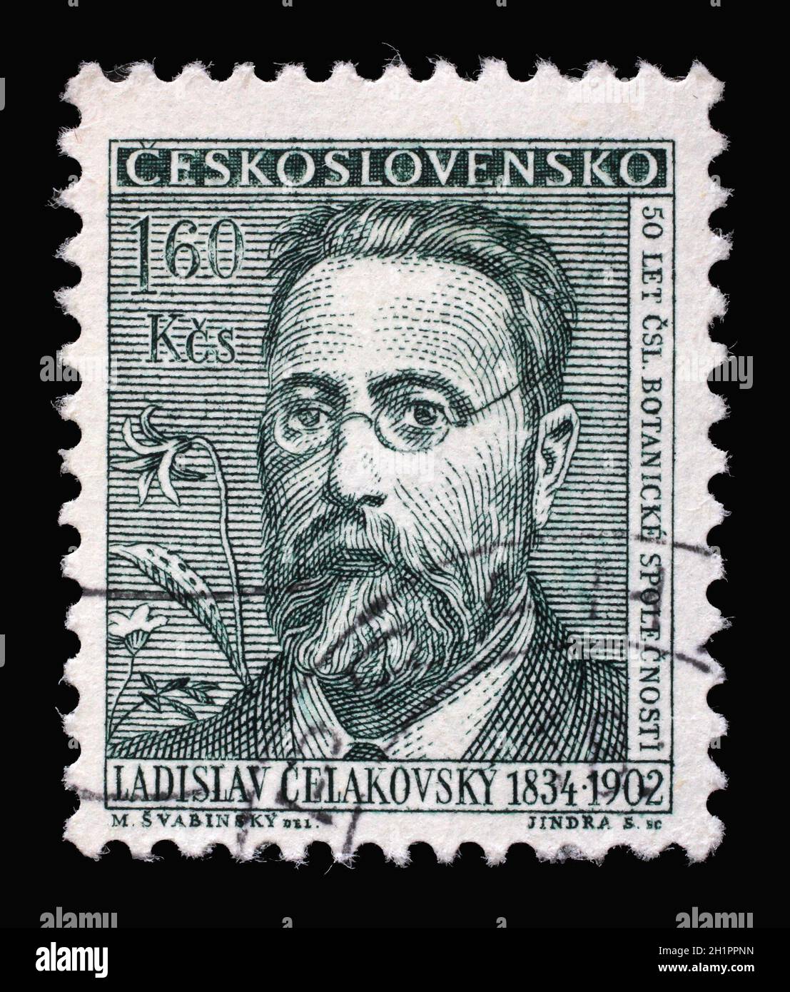 Die in der Tschechoslowakei gedruckte Briefmarke aus der Ausgabe "Kulturelle Berühmtheiten und Jahrestage" zeigt Ladislav Celakovsky (Gründer der Tschechischen Botanischen Gesellschaft), Stockfoto