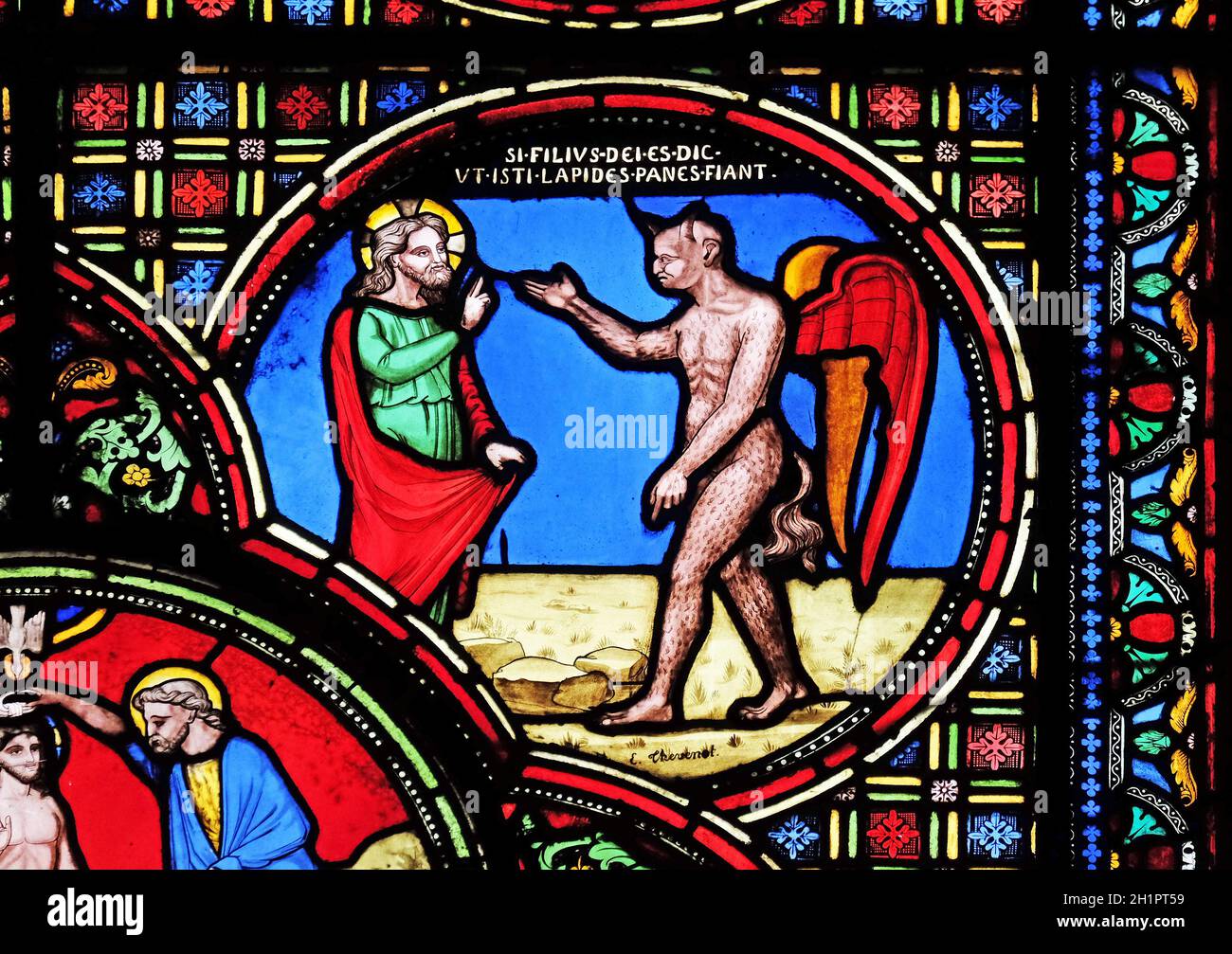 Jesus vom Teufel in Versuchung geführt, die Glasfenster von St. Germain-l'Auxerrois Kirche in Paris, Frankreich Stockfoto