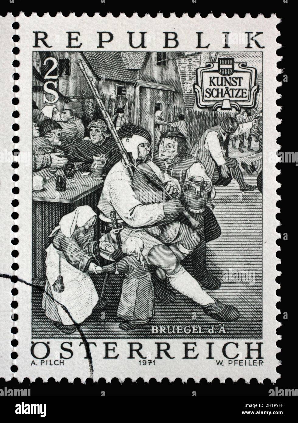 In Österreich ausgegebene Briefmarke zeigt Farmers Dance von Pieter Breugel dem Älteren (c. 1525-1569), ca. 1971. Stockfoto