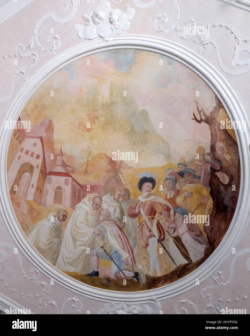 Deckenfresken mit Szenen aus dem Leben des Hl. Bernhard von Clairvaux von Johann Adam Remele in Bernard Hall, Zisterzienser Abtei von Bronbach in Reicholz Stockfoto