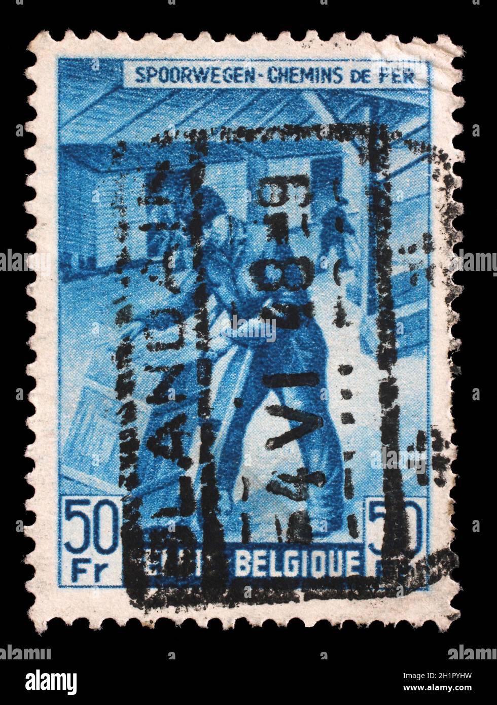 Briefmarke gedruckt in Belgien zeigt Box-Versender von der Eisenbahngesellschaft in Frage, ca. 1945. Stockfoto