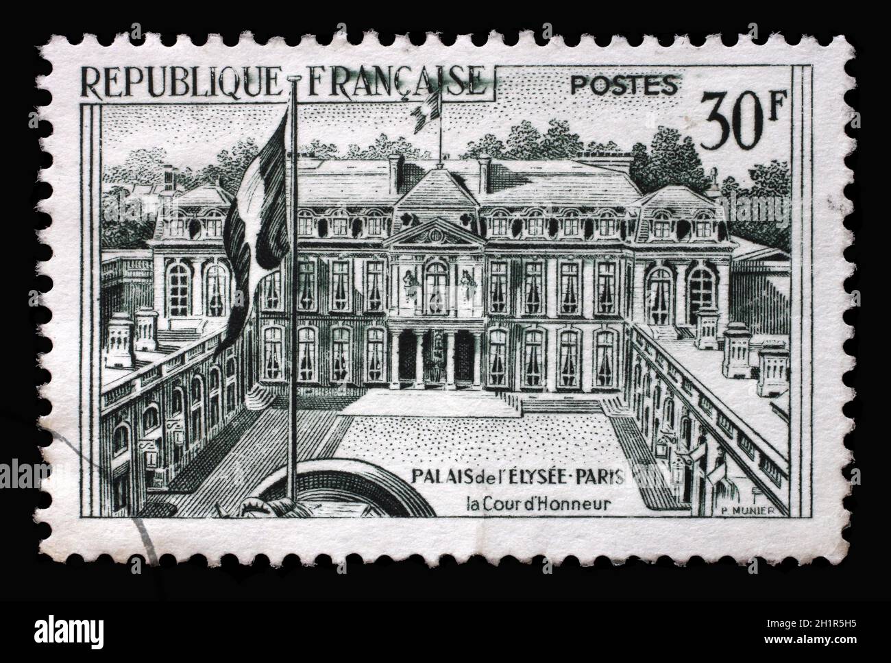 Briefmarke gedruckt in Frankreich zeigt Elysee Palace in Paris, Monuments Serie, um 1959 Stockfoto