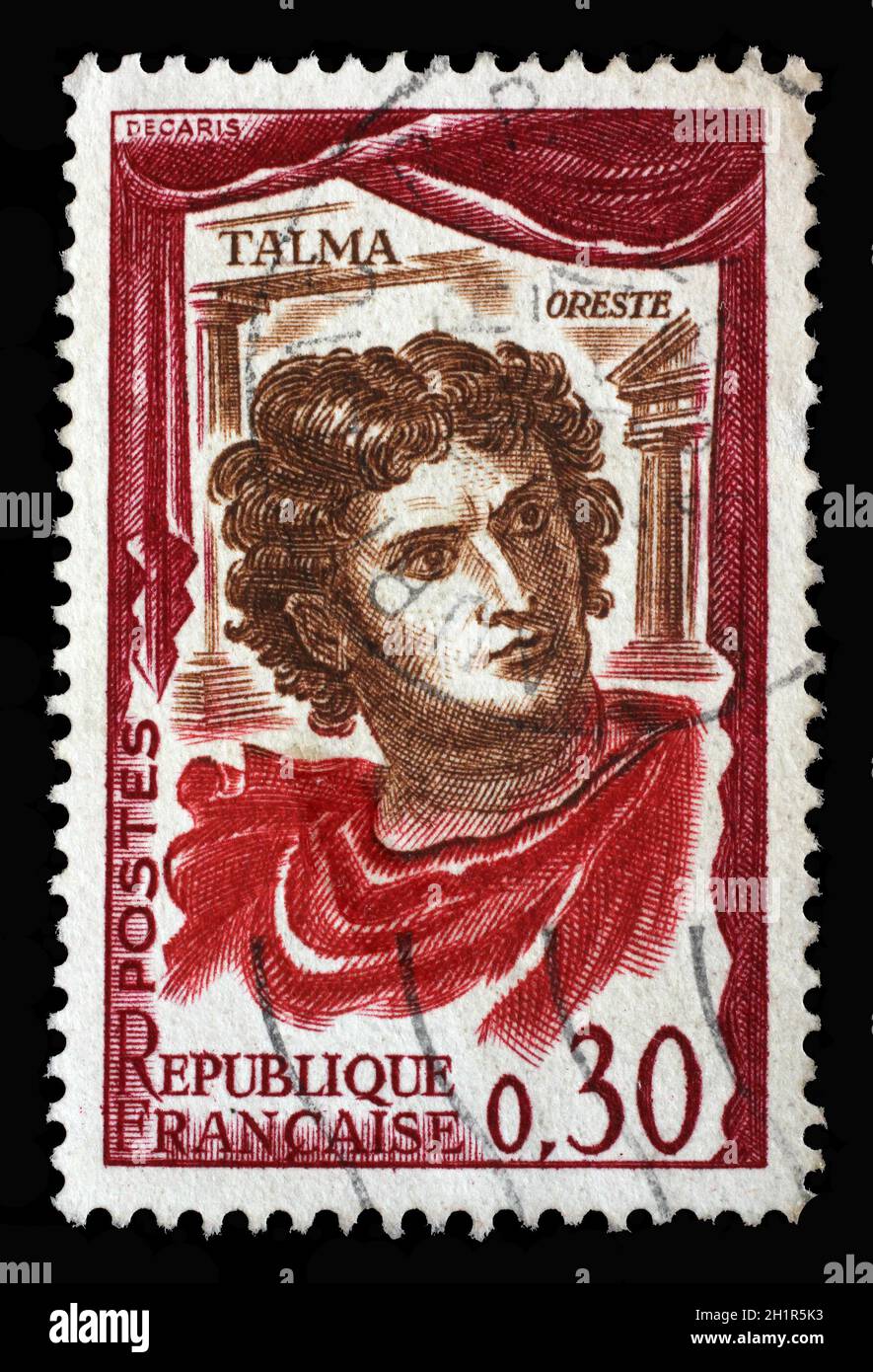 Die in Frankreich gedruckte Briefmarke zeigt den französischen Schauspieler Francois Joseph Talma (1763-1826), berühmten französischen Schauspieler für klassische Tragödie, berühmte Schauspielerserie, CIR Stockfoto