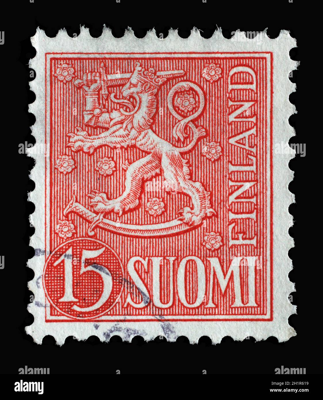 Die in Finnland gedruckte Briefmarke zeigt den gekrönten Löwen, Wappen der Republik Finnland, Hammarsten-Jansson Design, um 1954 Stockfoto
