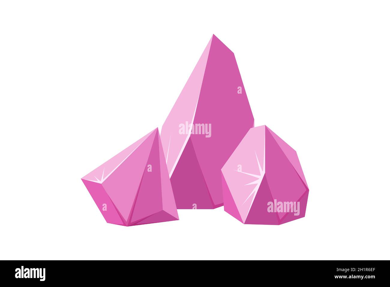 In Stücke zerbrochene Kristalle. Zertrümmerte Kristalle aus dem Edelgestein Gebrochene Edelsteine oder rosafarbene Felsen. Vektorgrafik im Cartoon-Stil Stock Vektor