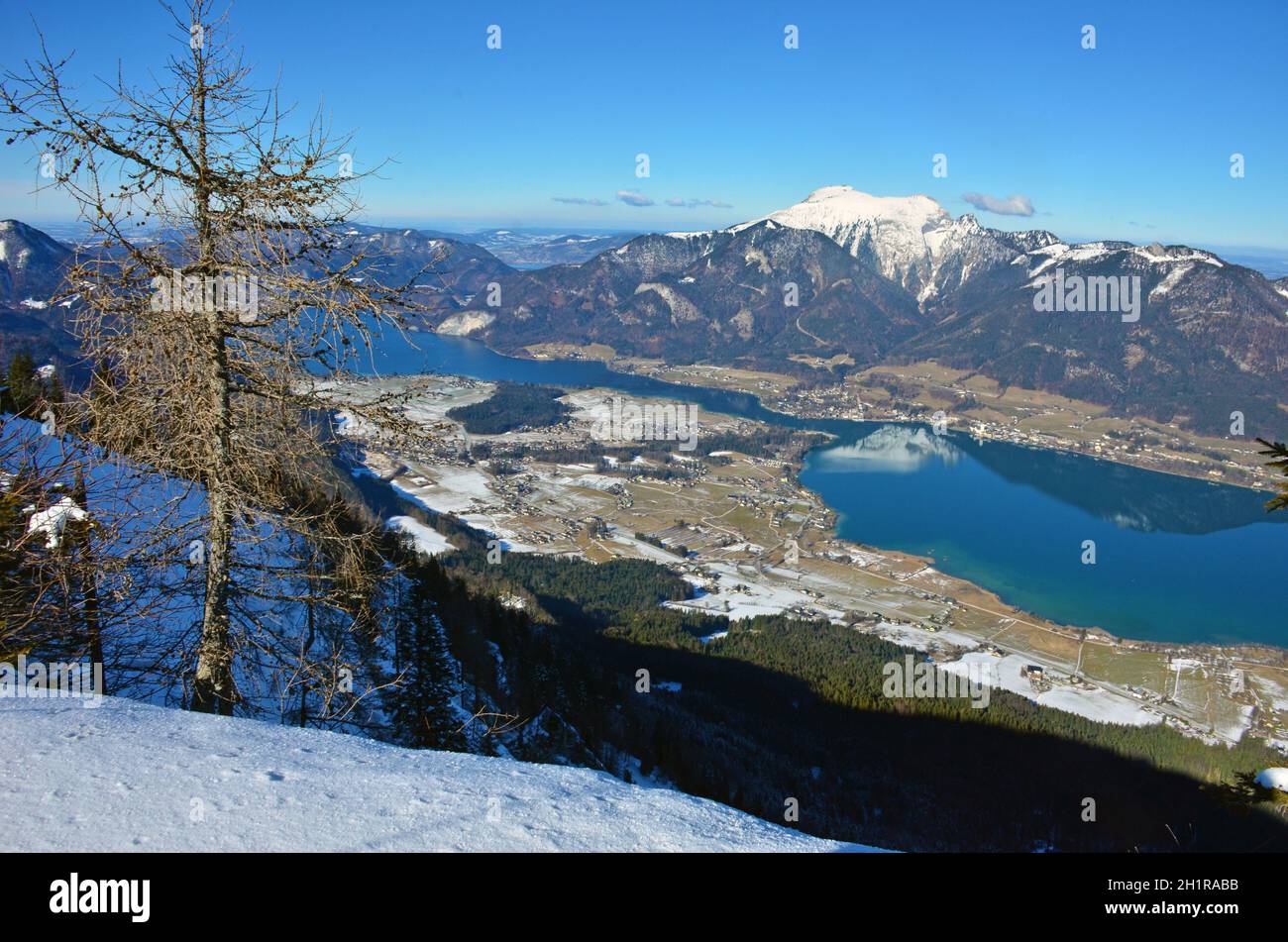 Blick von der Bleckwand auf den Wolfgangsee im Winter, Bezirk Gmunden, Salzkammergut, Oberösterreich, Österreich, Europa - Blick von der Bleckwand nach Stockfoto