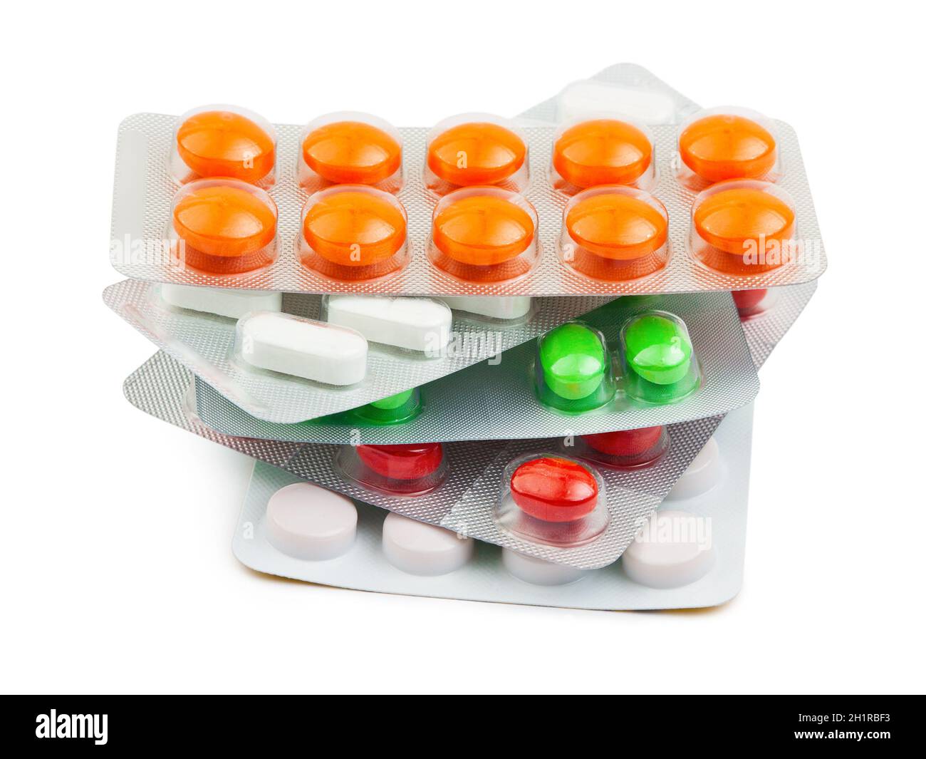 Packungen mit Pillen isoliert auf weißem Hintergrund Stockfoto