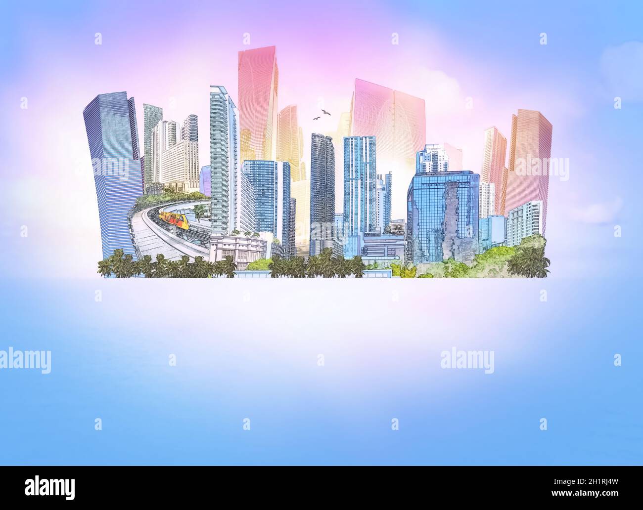 Illustration über Miami, Florida, Vereinigte Staaten von Amerika. Es ist ein weltberühmter Reiseort. Stockfoto