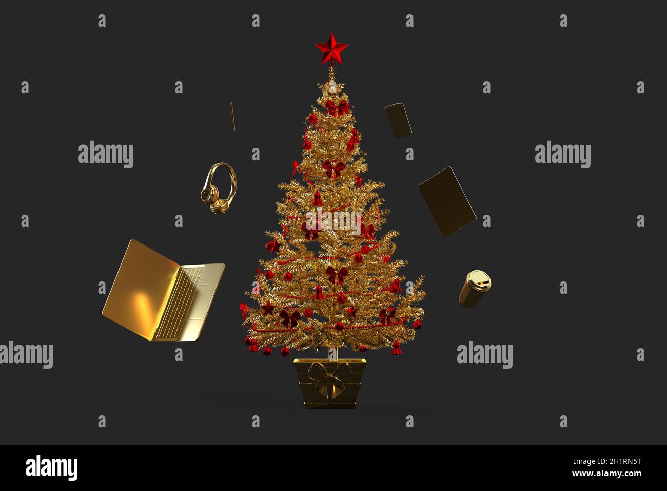 Golden geschmückter weihnachtsbaum mit verschiedenen Gadgets. 3D-Rendering Stockfoto