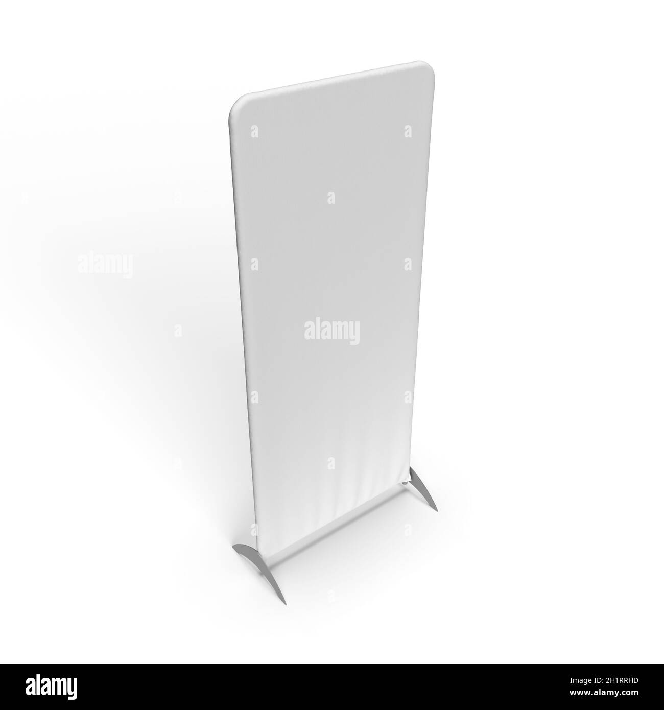 Ein aus der Perspektive betrachtet weißes, dehnbares Textil-Wandbanner-Socksystem, isoliert auf weißem Hintergrund für Modelle und Illustrationen. 3d-Rendering-Illus Stockfoto