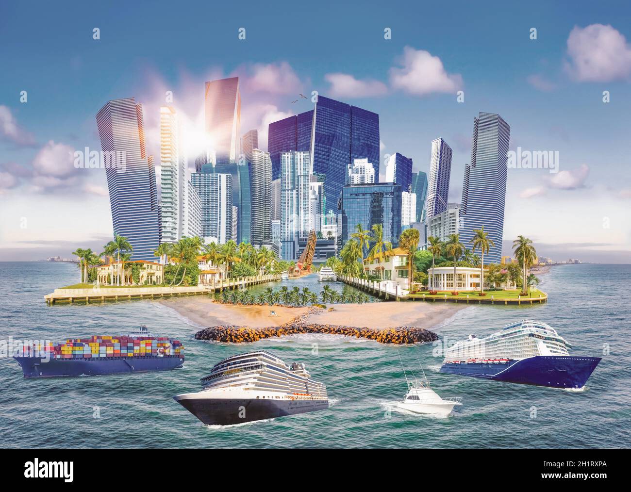 Collage über Ft. Lauderdale, Florida, Vereinigte Staaten von Amerika und Luxusvilla im exklusiven Teil von Fort Lauderdale, bekannt als kleines Venedig Stockfoto