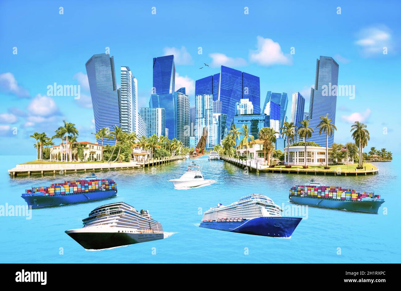 Collage über Ft. Lauderdale, Florida, Vereinigte Staaten von Amerika und Luxusvilla im exklusiven Teil von Fort Lauderdale, bekannt als kleines Venedig Stockfoto