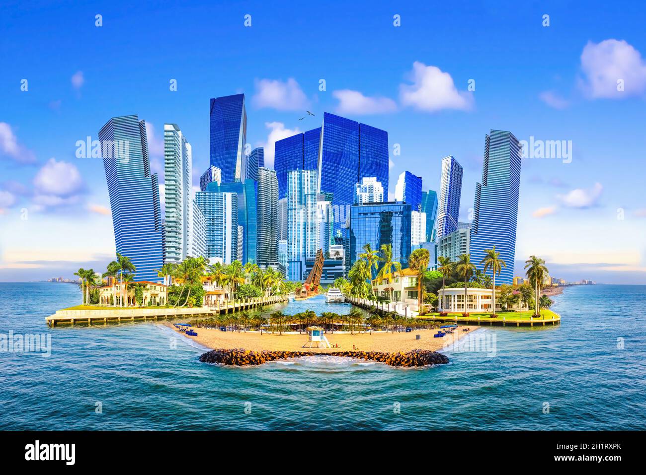 Collage über Ft. Lauderdale, Florida, Vereinigte Staaten von Amerika und Luxusvilla im exklusiven Teil von Fort Lauderdale, bekannt als kleines Venedig Stockfoto