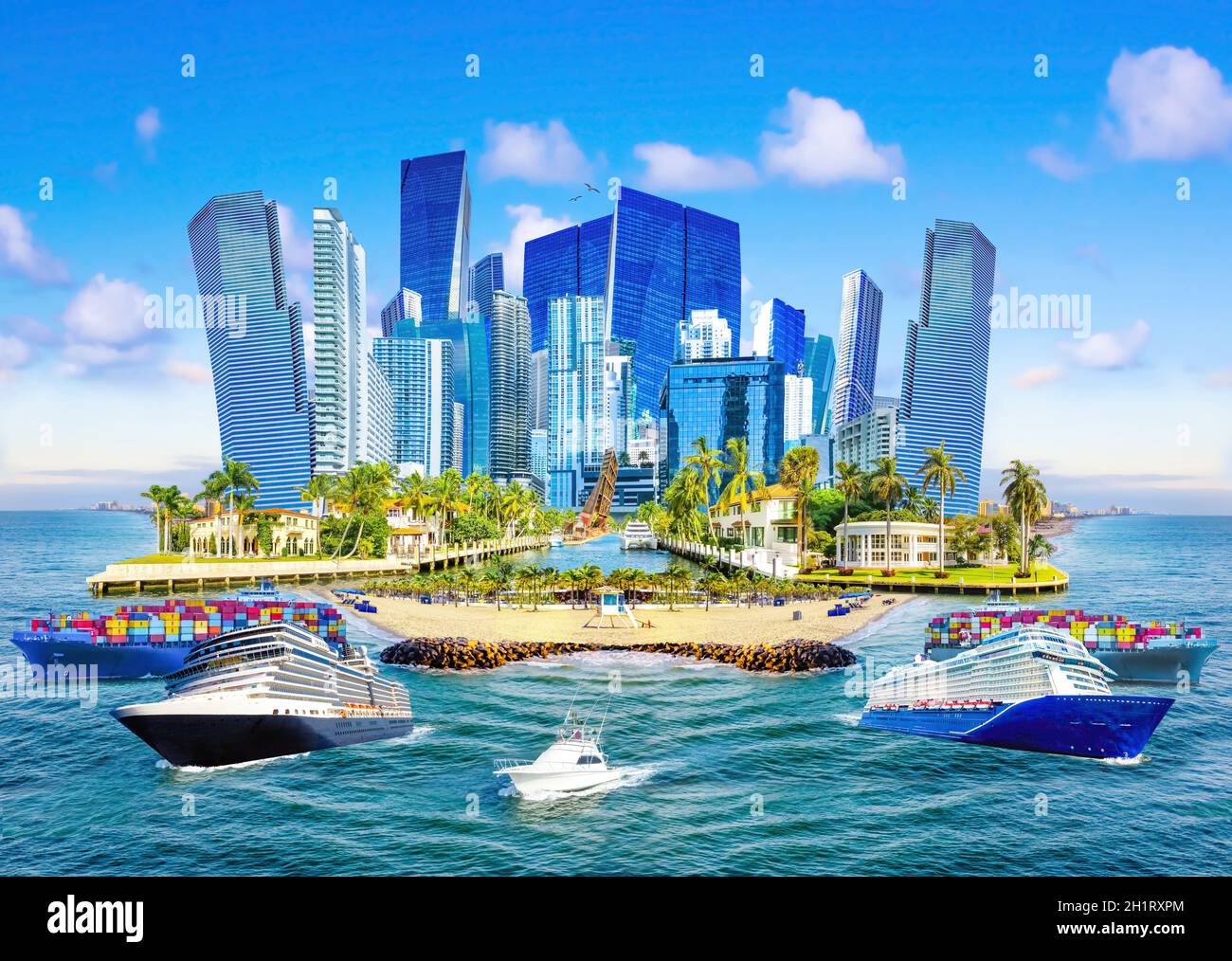 Collage über Ft. Lauderdale, Florida, Vereinigte Staaten von Amerika und Luxusvilla im exklusiven Teil von Fort Lauderdale, bekannt als kleines Venedig Stockfoto