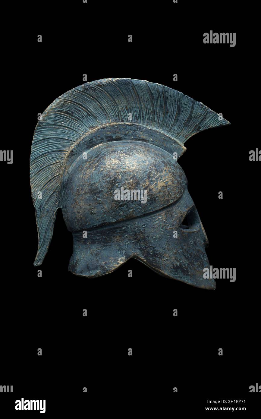 Spartanischer Militärhelm im Hintergrund Stockfoto