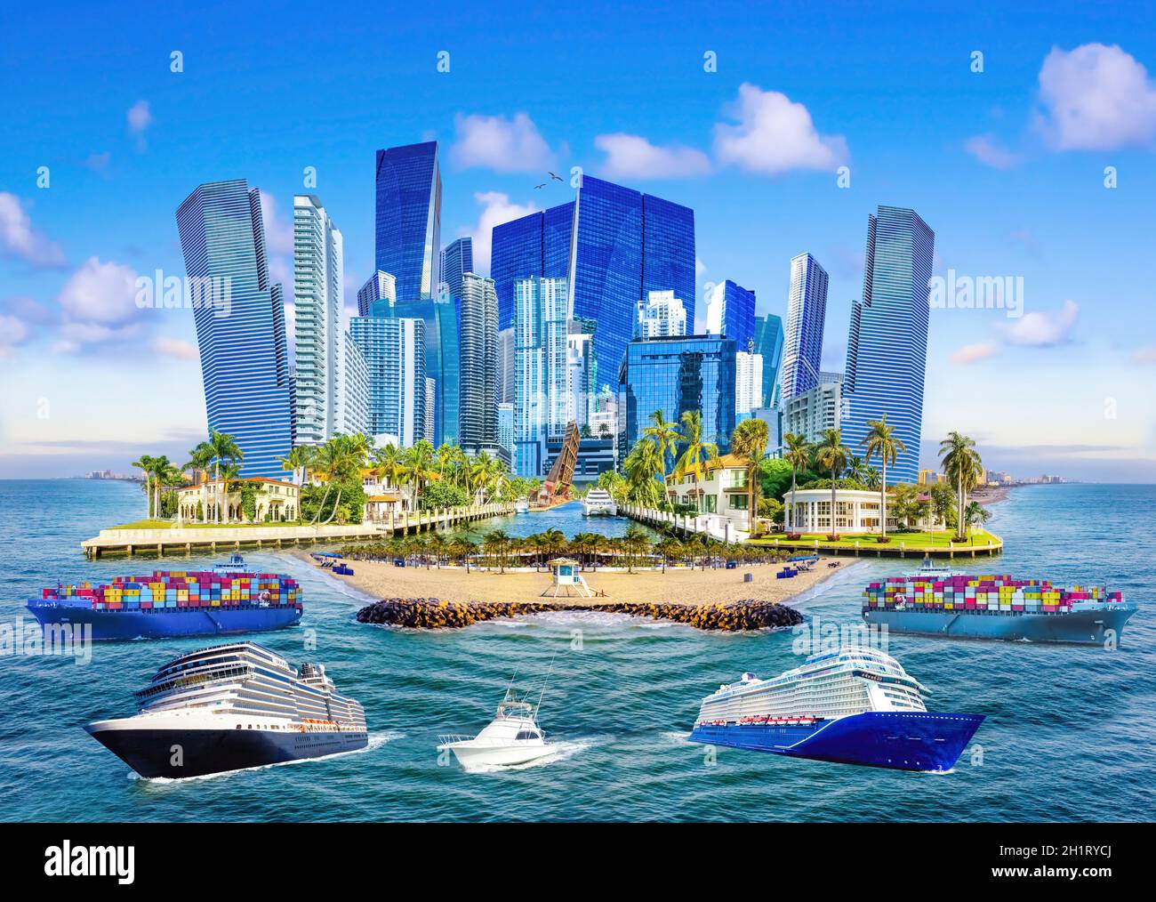 Collage über Ft. Lauderdale, Florida, Vereinigte Staaten von Amerika und Luxusvilla im exklusiven Teil von Fort Lauderdale, bekannt als kleines Venedig Stockfoto