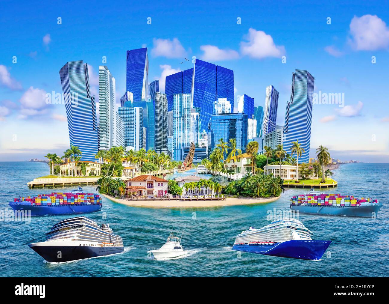 Collage über Ft. Lauderdale, Florida, Vereinigte Staaten von Amerika und Luxusvilla im exklusiven Teil von Fort Lauderdale, bekannt als kleines Venedig Stockfoto