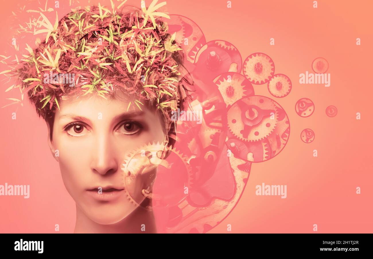 Denkende Frau mit Zahnrädern auf dem Kopf. Das Bildungs-, Ideen- oder Technologiekonzept. Vektorgrafik Stockfoto