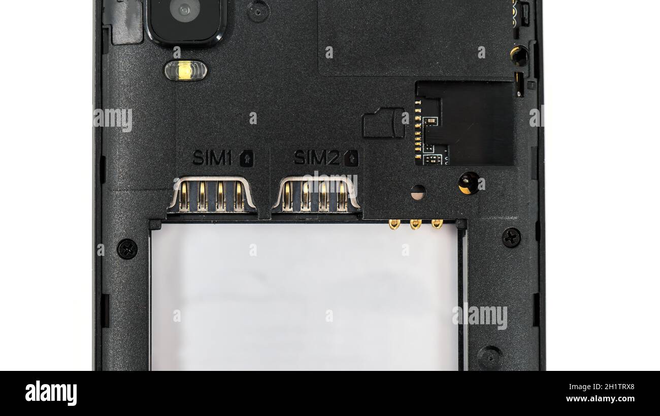 Steckplatz für Dual-SIM-Karten und sd-Karte, auf einem Handy, Handy, Smartphone Nahaufnahme Makro Detail, isoliert auf weißem Hintergrund Stockfoto