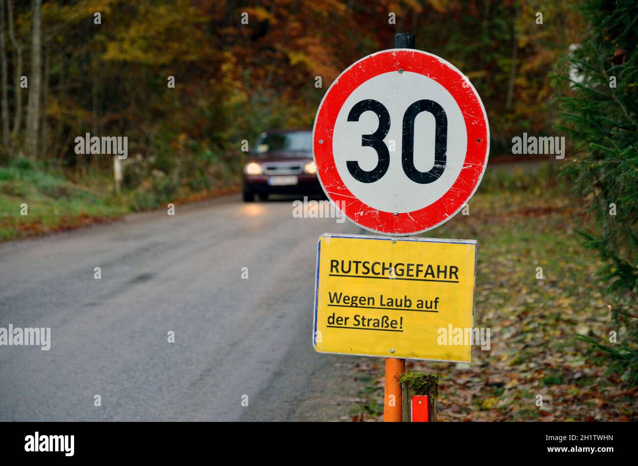 Schild Rutschgefahr im Herbst auf einer Straße in Österreich, Europa - Schilderrutschgefahr im Herbst auf einer Straße in Österreich, Europa Stockfoto