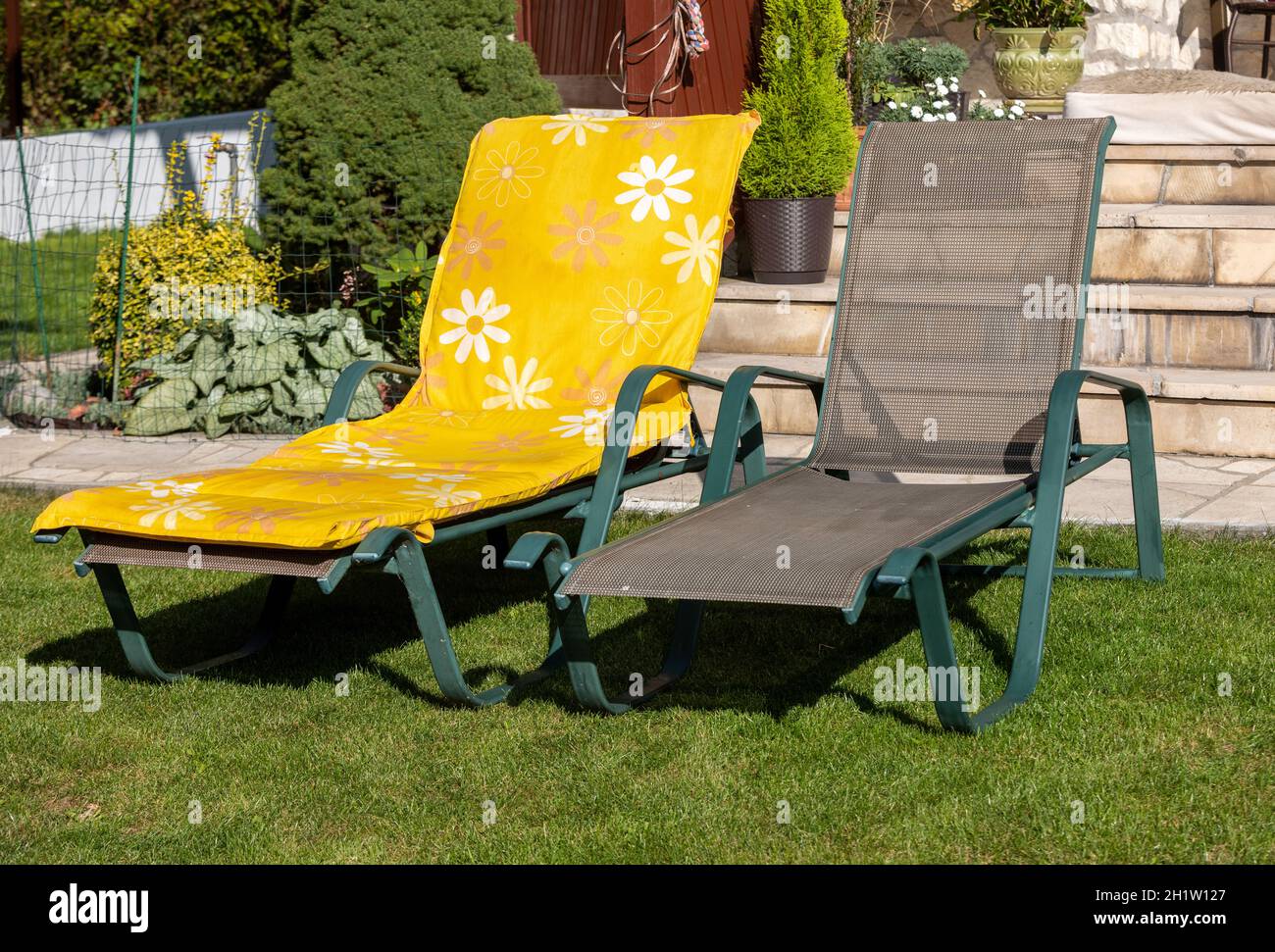 Zwei Liegen im Garten vor der Terrasse Stockfoto