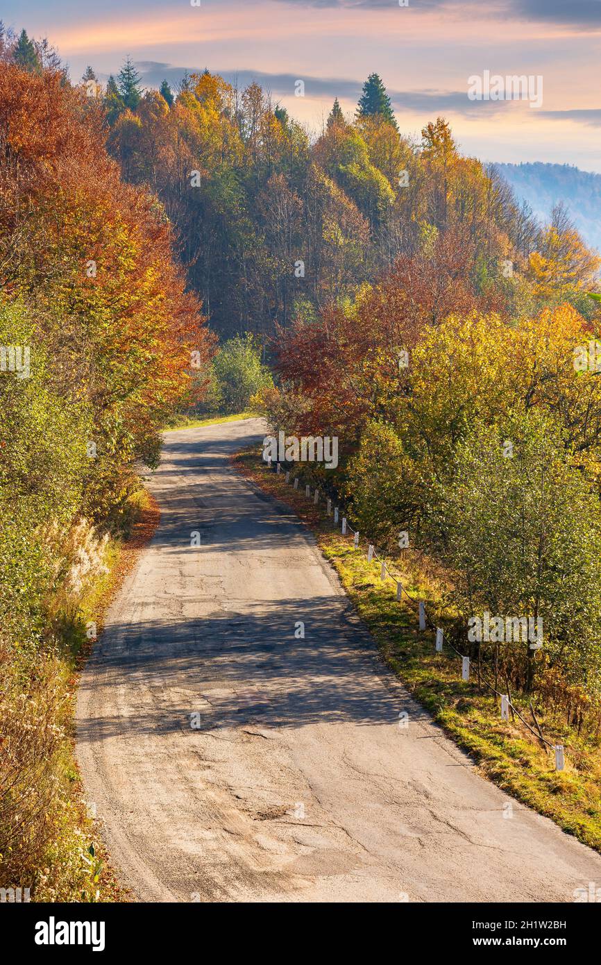 Alte Bergstraße im Morgenlicht. Bäume in farbenfrohem Laub entlang der Serpentine. Erkunden Sie das Konzept der Landschaft Stockfoto